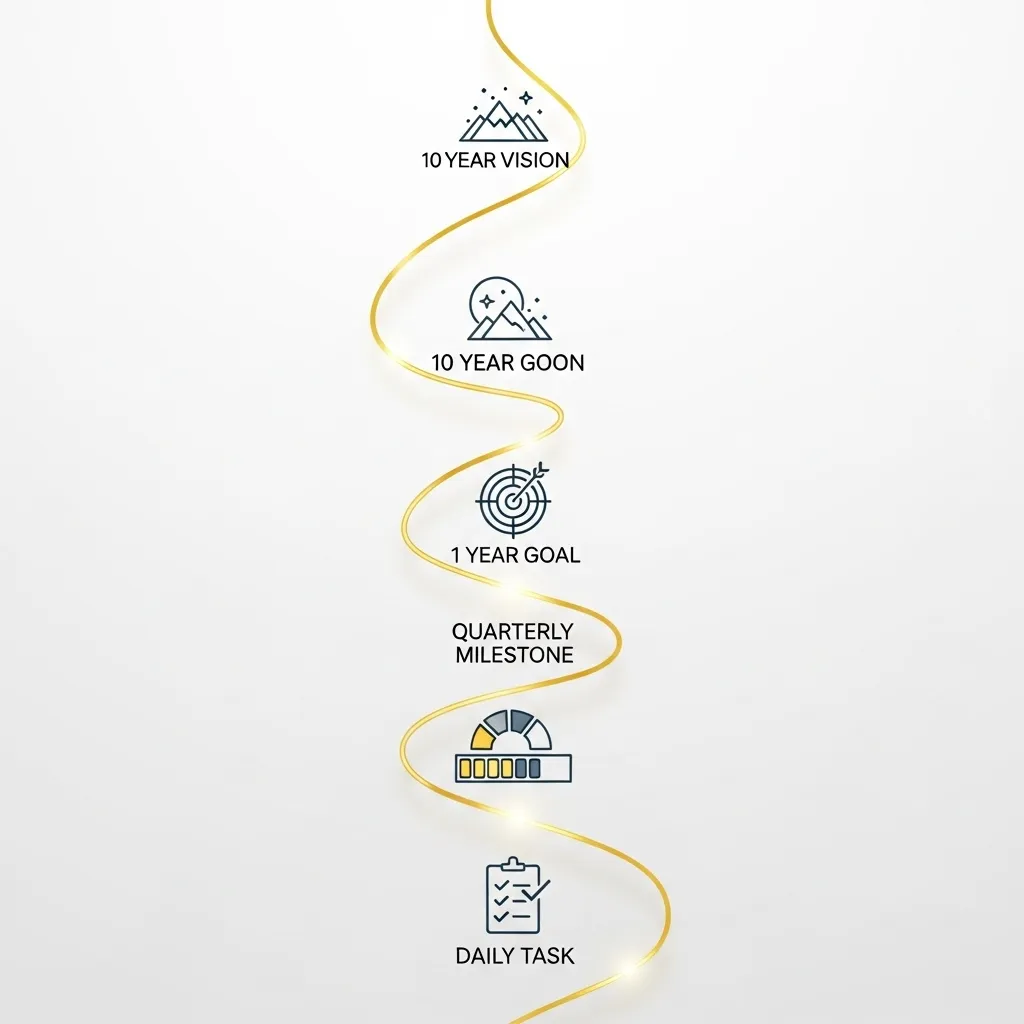 A simple, elegant visual of a single golden line weaving down through icons representing "10 Year Vision," "1 Year Goal," "Quarterly Milestone," and "Daily Task."