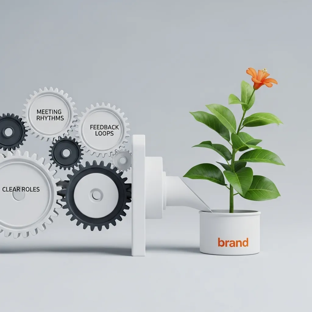 A clean, elegant "machine" made of interlocking gears is shown. The gears are labeled with operational terms. From the output of the machine, a beautiful, flourishing plant emerges, representing the healthy culture.