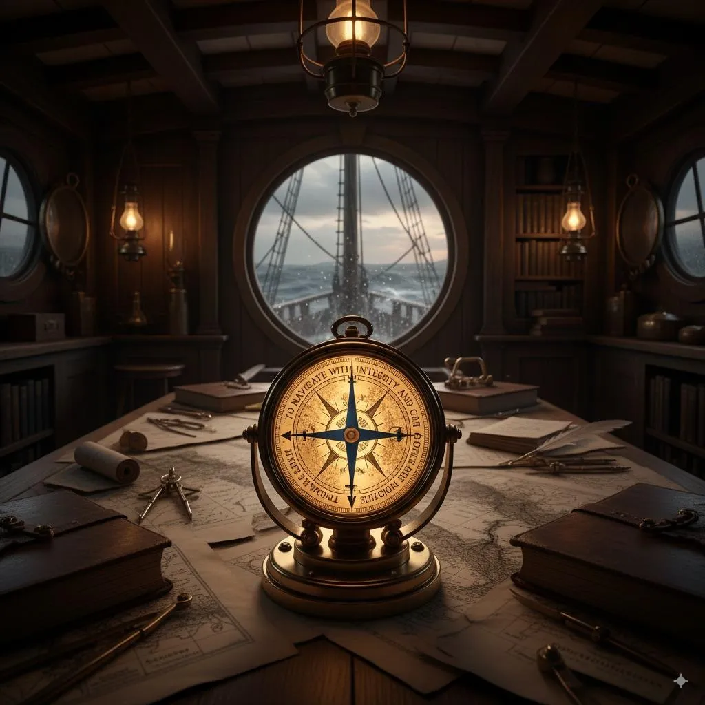 A cinematic, moody photo from inside the captain's cabin of a grand, historic wooden ship navigating a slightly stormy sea. The central focus is a beautiful, antique brass compass resting on a map-covered table. The glass of the compass is glowing with a soft, internal light, and elegantly inscribed around its edge are the words of a vision statement. The compass needle is steady and pointing true north, providing a single point of stability and direction amidst the motion of the sea outside the porthole. The mood is one of confidence, stability in chaos, and unwavering direction. The style is highly realistic with dramatic, warm lighting.