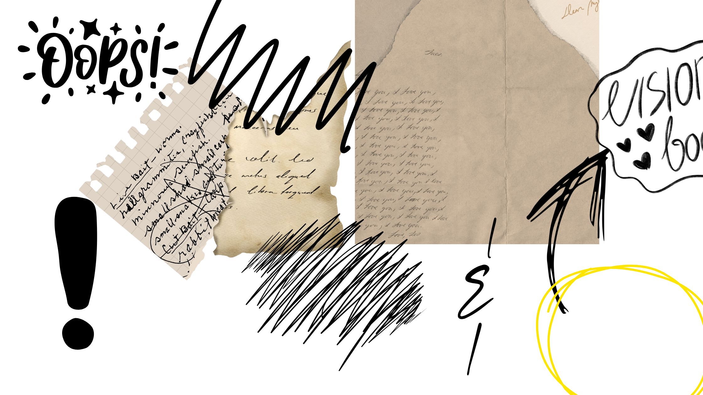 random bits of notepaer, squiggles and punctuation