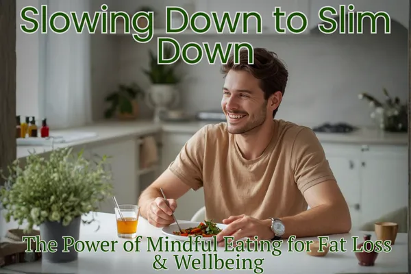 Adult enjoying a healthy meal at a bright kitchen table, practicing mindful eating without phone or distractions.