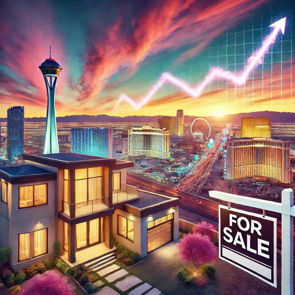 A vibrant sunset view of Las Vegas Skyline with iconic landmarks like the stratosphere and casinos. In the foreground, a modern luxury home with a "For Sale" sign displaying a high price tag. An upward graph subtly blends into the sky, symbolizing the rising costs of Las Vegas Homes.
