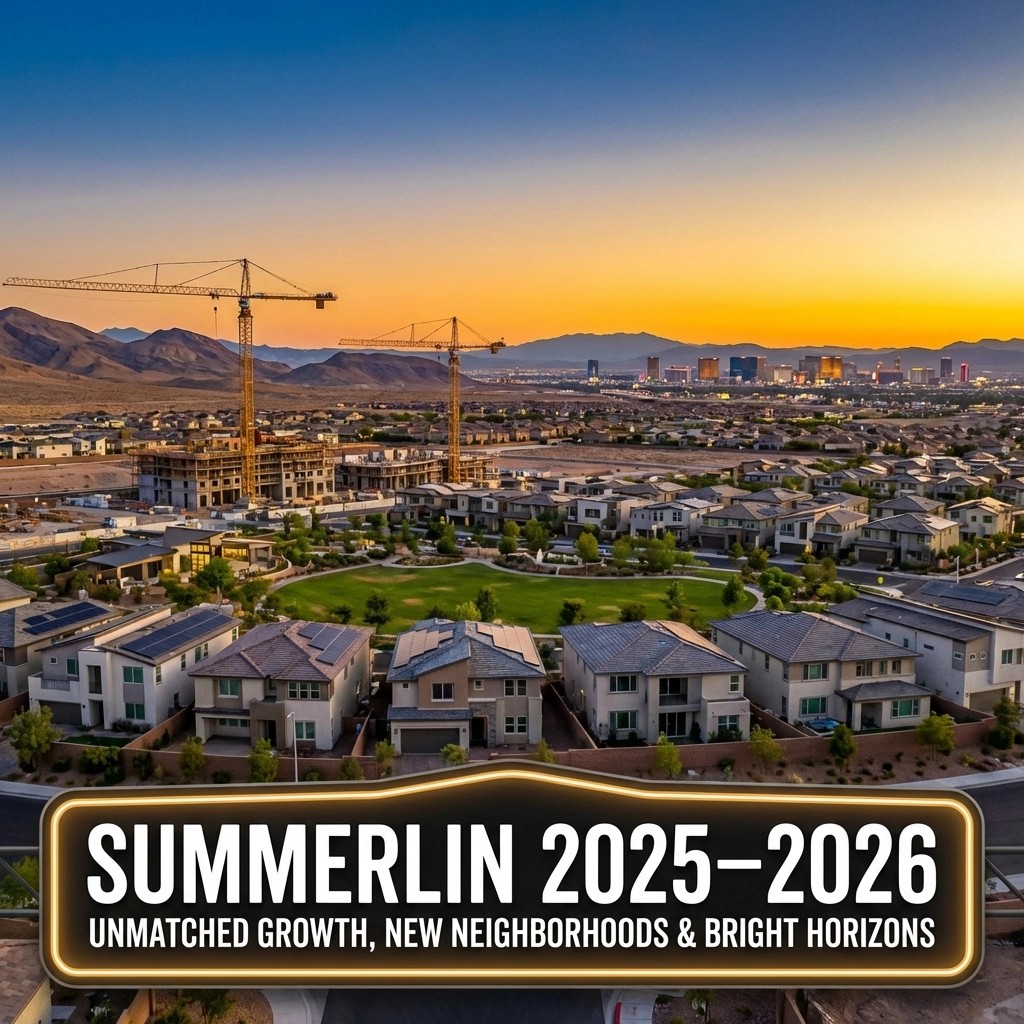 Aerial view of new home construction in Summerlin, Las Vegas at sunset with cranes, neighborhood rooftops, and the Strip skyline in the distance.