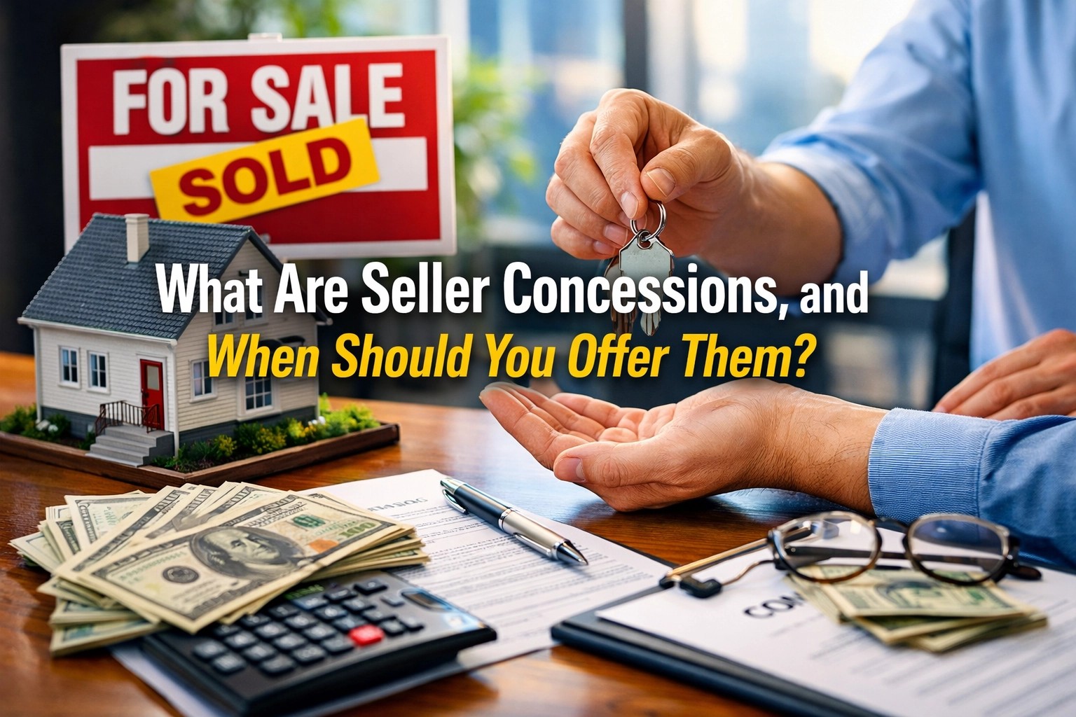 Seller concessions explained with a sold sign, house model, closing documents, cash, calculator, and keys being handed over — Certified AI Agent Sandy Margolin, Las Vegas NV.