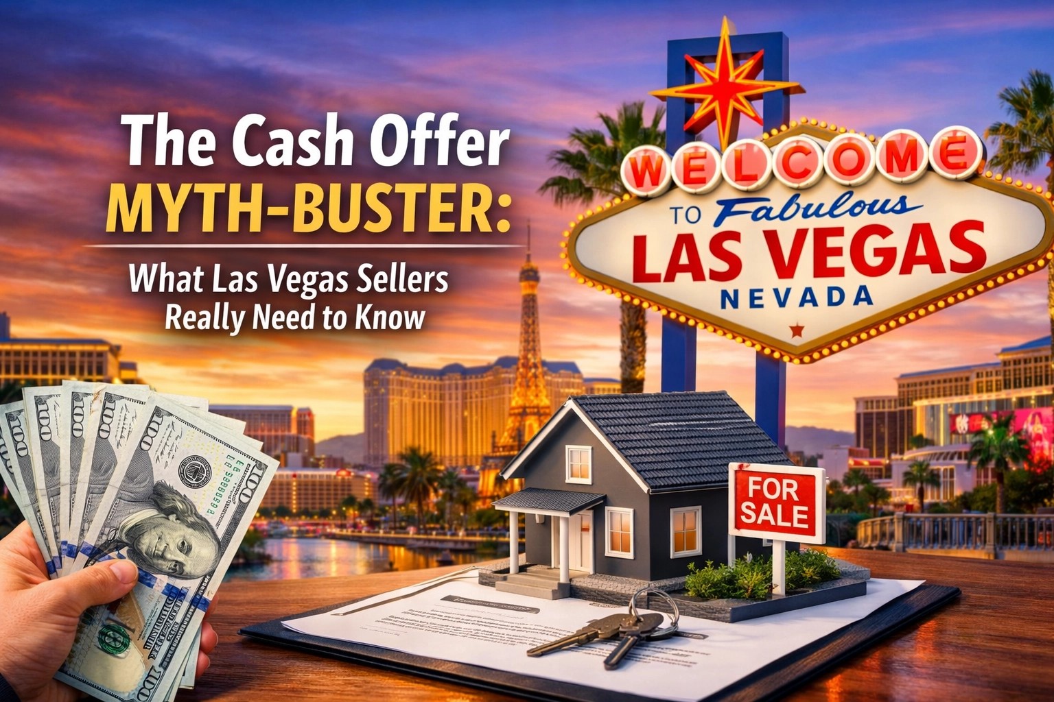 Las Vegas cash offer myth-buster graphic showing Welcome to Las Vegas sign, skyline at sunset, a hand holding $100 bills, and a house with a for-sale sign highlighting what sellers need to know.