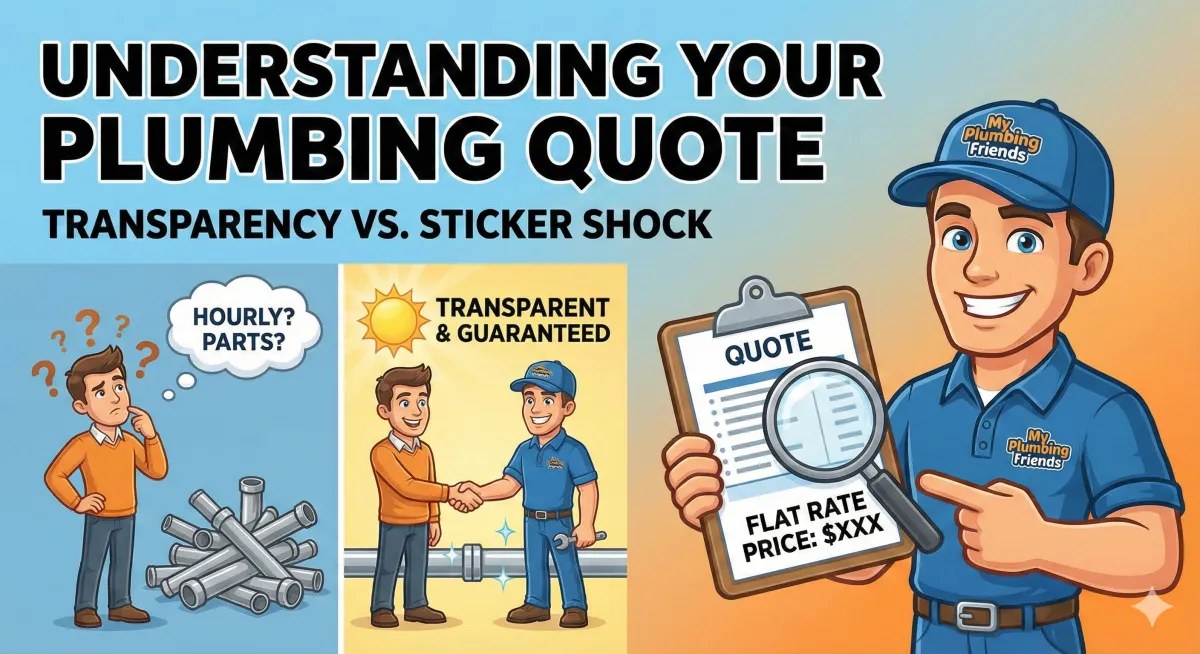 thumbnail titled "UNDERSTANDING YOUR PLUMBING QUOTE: TRANSPARENCY VS. STICKER SHOCK". A friendly cartoon plumber from "My Plumbing Friends" holds a clipboard showing a "FLAT RATE PRICE" quote, pointing to it with a magnifying glass. On the left, a confused man with question marks is next to a mess of pipes and a thought bubble saying "HOURLY? PARTS?". On the right, a happy customer shakes hands with the "My Plumbing Friends" plumber under a sun icon and text that reads "TRANSPARENT & GUARANTEED". The background is a split blue and yellow gradient.