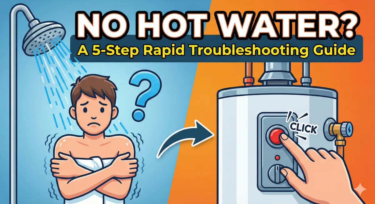Split-screen illustration showing a person shivering in a cold shower on the left and a hand pressing a red reset button on a water heater on the right, with the title text 'NO HOT WATER? A 5-Step Rapid Troubleshooting Guide'.
