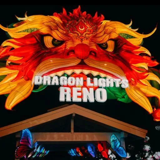 Illuminated red and gold dragon lantern at Dragon Lights Reno festival, showcasing vibrant cultural art and glowing displays at Wilbur D. May Arboretum in Reno, Nevada.