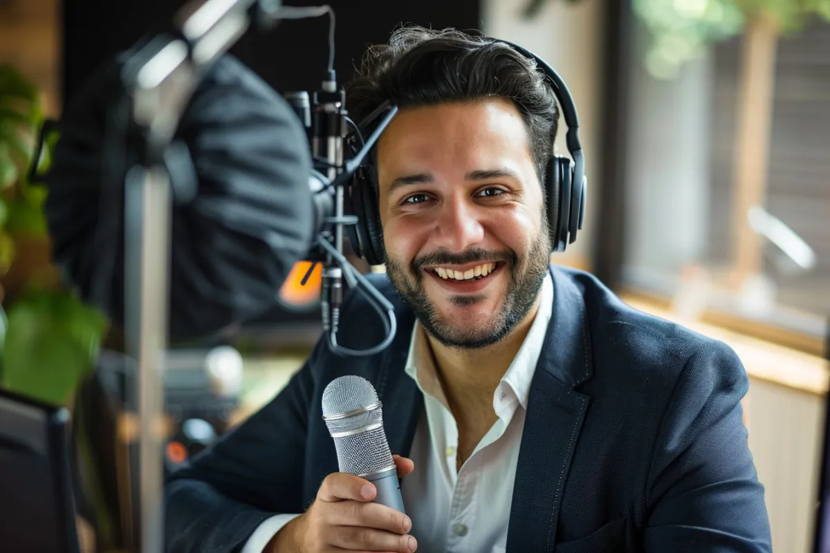 Mitchell Levy sitting confidently at his desk with a warm smile, wearing a blazer and glasses, surrounded by books and professional decor, reflecting his role as a thought leader and credibility expert.