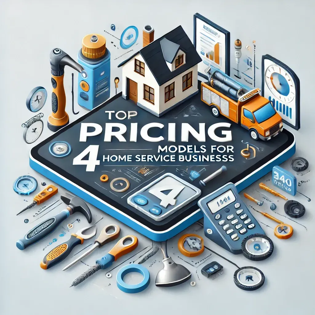 Cover image for the blog post titled 'Top 4 Pricing Models for Home Service Businesses,' featuring a modern design with icons representing home services, such as tools and houses, set against a blue and gray color palette that conveys trust and professionalism. The blog title is displayed in bold, legible text.