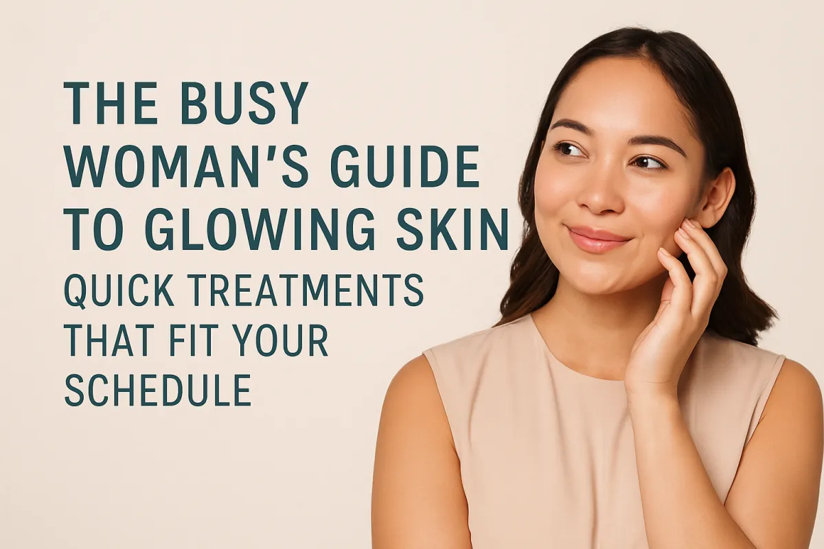 A digital graphic promoting "The Busy Woman’s Guide to Glowing Skin" featuring a smiling woman with clear, radiant skin gently touching her cheek. The background is a soft beige, and the bold teal text highlights the blog title and subtitle, emphasizing quick skincare treatments for busy schedules.