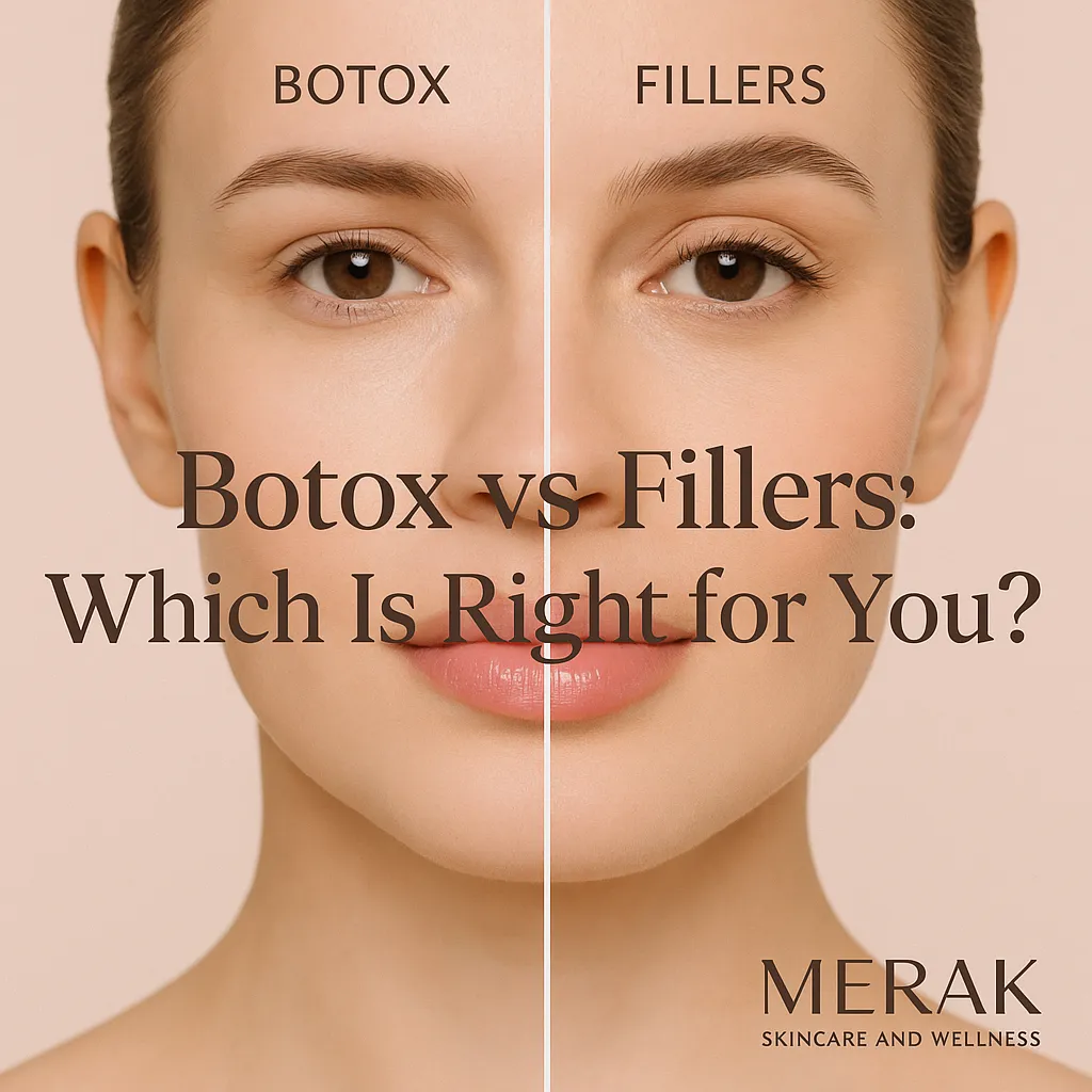 A split-face image of a woman with "Botox" labeled on one side and "Fillers" on the other. The Botox side has smoother forehead and eye area, while the Fillers side features fuller cheeks and lips. Text reads "Botox vs Fillers: Which Is Right for You?" with Merak Skincare and Wellness logo at the bottom.