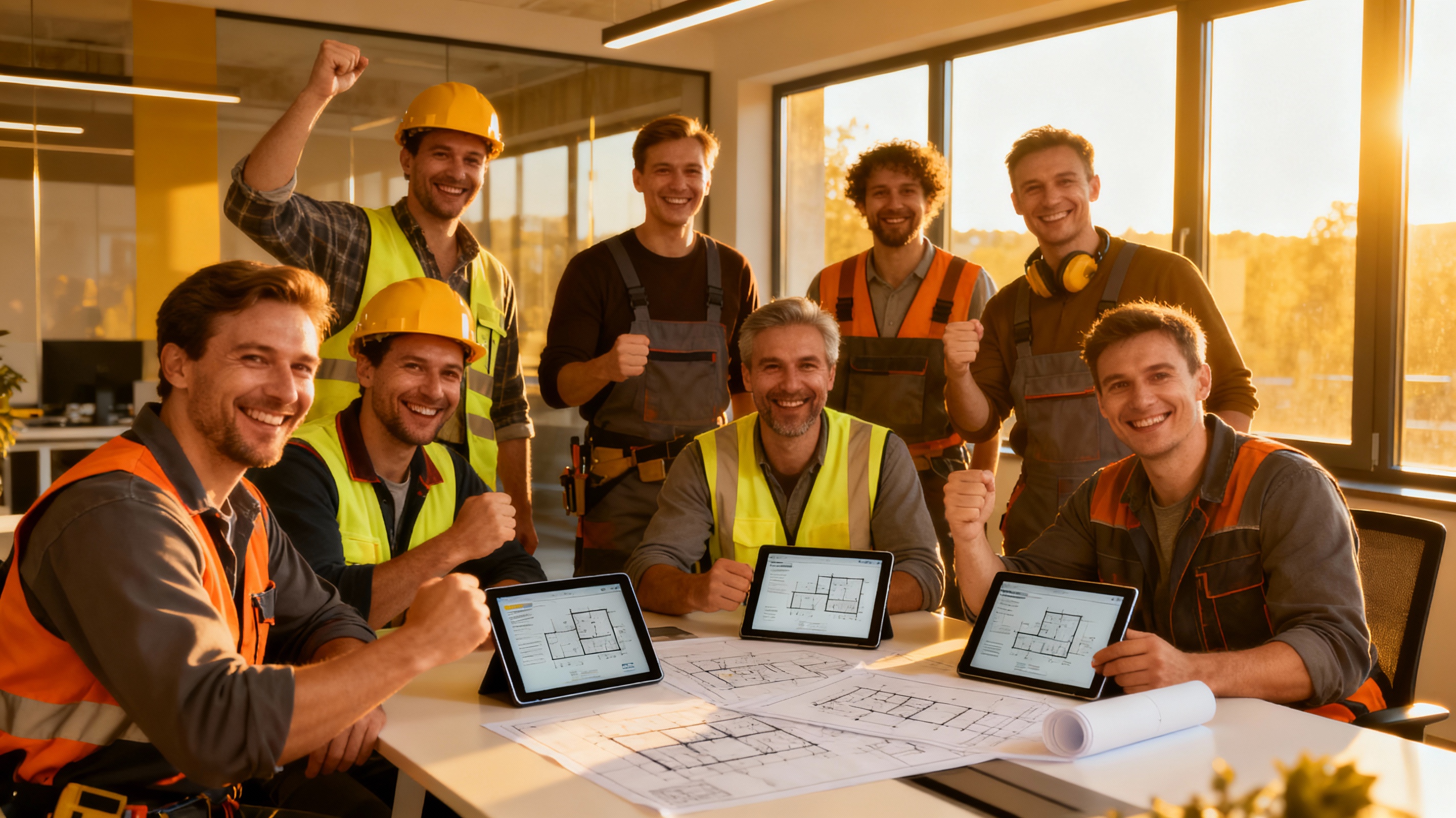 faq-handwerker-team-feiert-erfolgreiches-referral-marketing-programm-mit-tablet-und-bauplan