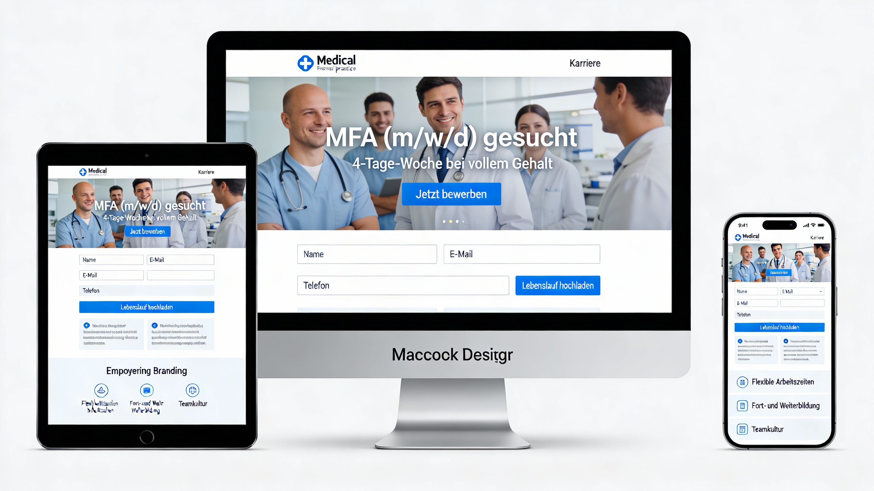 faq-moderne-karriere-landingpage-fuer-medizinische-praxis-auf-verschiedenen-endgeraeten-mit-bewerbungsformular-und-employer-branding-elementen