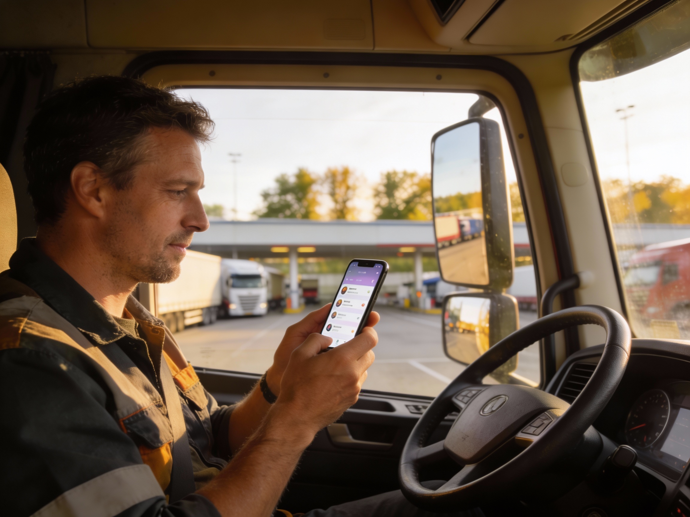 LKW-Fahrer nutzen Smartphone auf Rastplatz für Online-Community und Empfehlungsprogramm, digitales Recruiting im Logistiksektor