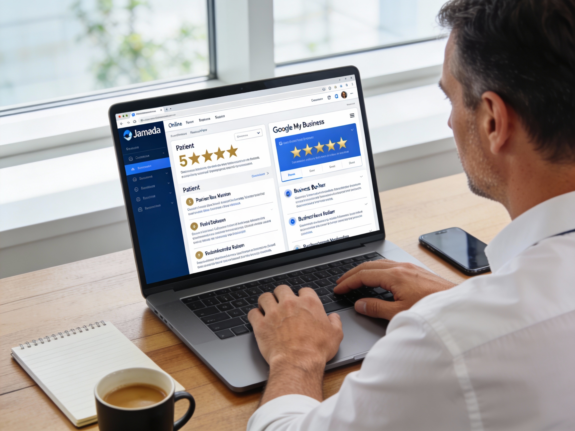 Geschäftsführer analysiert Online-Bewertungen auf Laptop mit 5-Sterne-Rating auf Jameda und Google