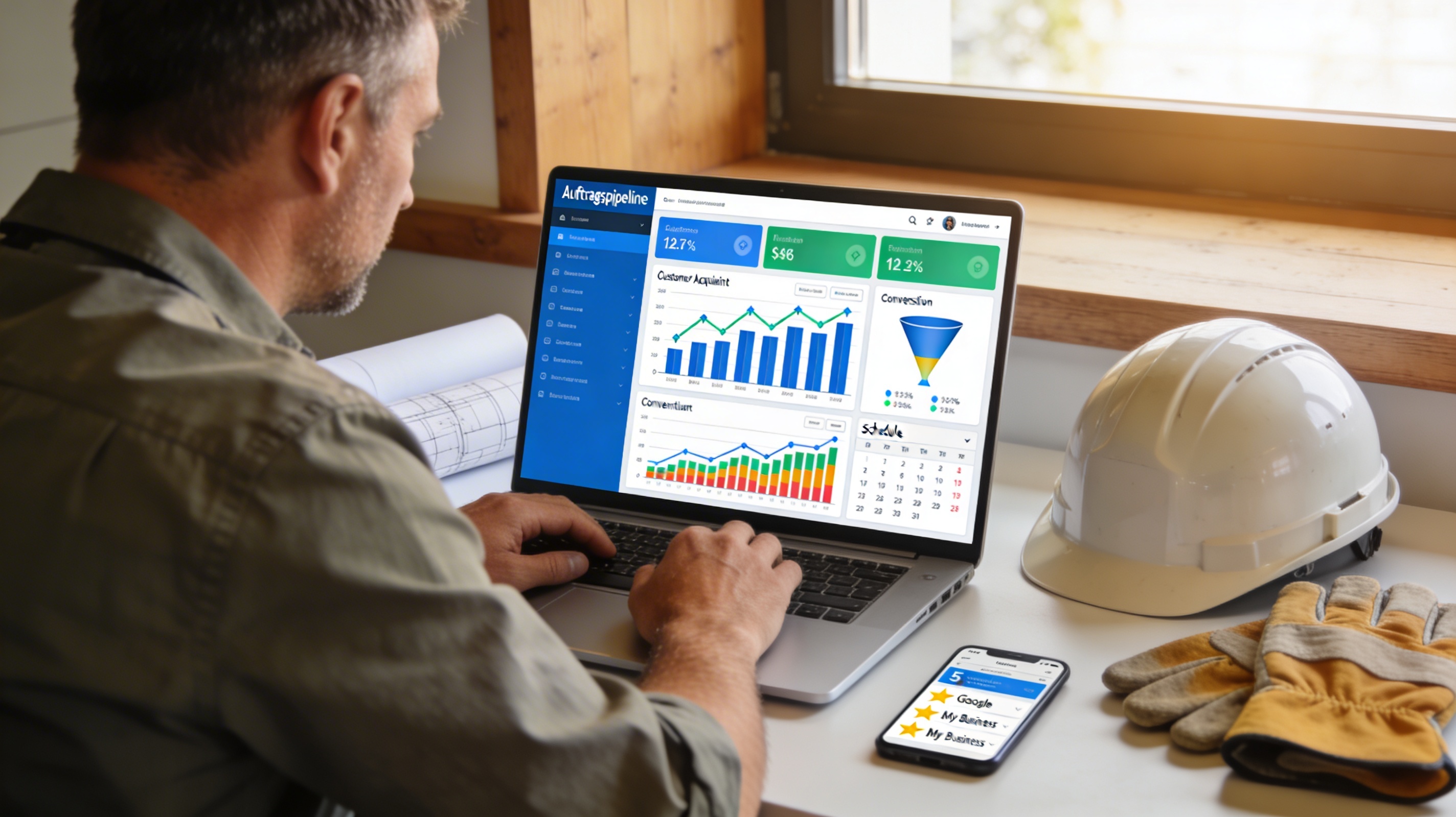 Handwerker plant systematische Kundenakquise am Laptop mit digitalen Marketing-Tools und Auftragspipeline-Dashboard