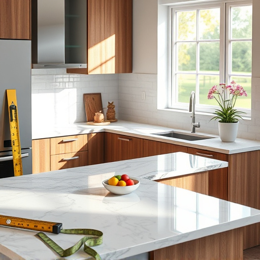 A minimalist blog cover image showcasing the theme "Best Kitchen Renovation Services Near Me." The design features a modern kitchen layout with a stunning island adorned with artfully arranged colorful fruits, creating a fresh and vibrant atmosphere. Clean lines and ample negative space highlight various counter materials like wood and quartz, emphasizing kitchen renovation. Subtle design tools, such as a measuring tape and paint swatches, are scattered across the countertop, hinting at ongoing projects. The color palette includes warm whites, muted greens, gentle grays, and pastel yellow accents, setting a calm and uplifting mood that embodies creativity and transformation. The background presents a softly blurred outline of a cozy home setting with light streaming through a window, adding to the feeling of domestic comfort. Quirky elements like a charming potted herb plant on the windowsill and a whimsical oversized wall clock symbolize the timeless nature of renovations while maintaining a clean aesthetic with minimal text.