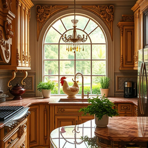 A whimsical kitchen scene featuring oversized, brightly colored appliances, including an enormous orange teapot pouring rainbows, symbolizing creativity. Cabinets shaped like half-open books reveal magical culinary secrets, surrounded by illustrations of dancing herbs and spices. Vibrant, swirling marble countertops showcase floating utensils, while walls are adorned with abstract food patterns like floating cupcakes and extravagant fruit arrangements. An oversized window reveals a fantastical garden with sunflowers and soft steam rising from the oven, creating an inviting atmosphere. The color palette includes warm yellows, lively greens, and vibrant oranges, emphasizing joy and inspiration in home transformation. Surreal clouds shaped like kitchen utensils enhance the dreamlike quality of this imaginative culinary space.