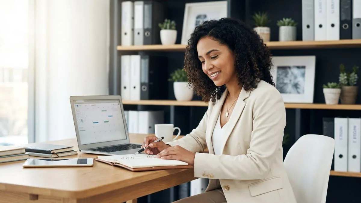 Property manager working at a clean organized desk with a laptop open showing schedules, tenant communications, and task lists, representing how CRM software streamlines property management operations.