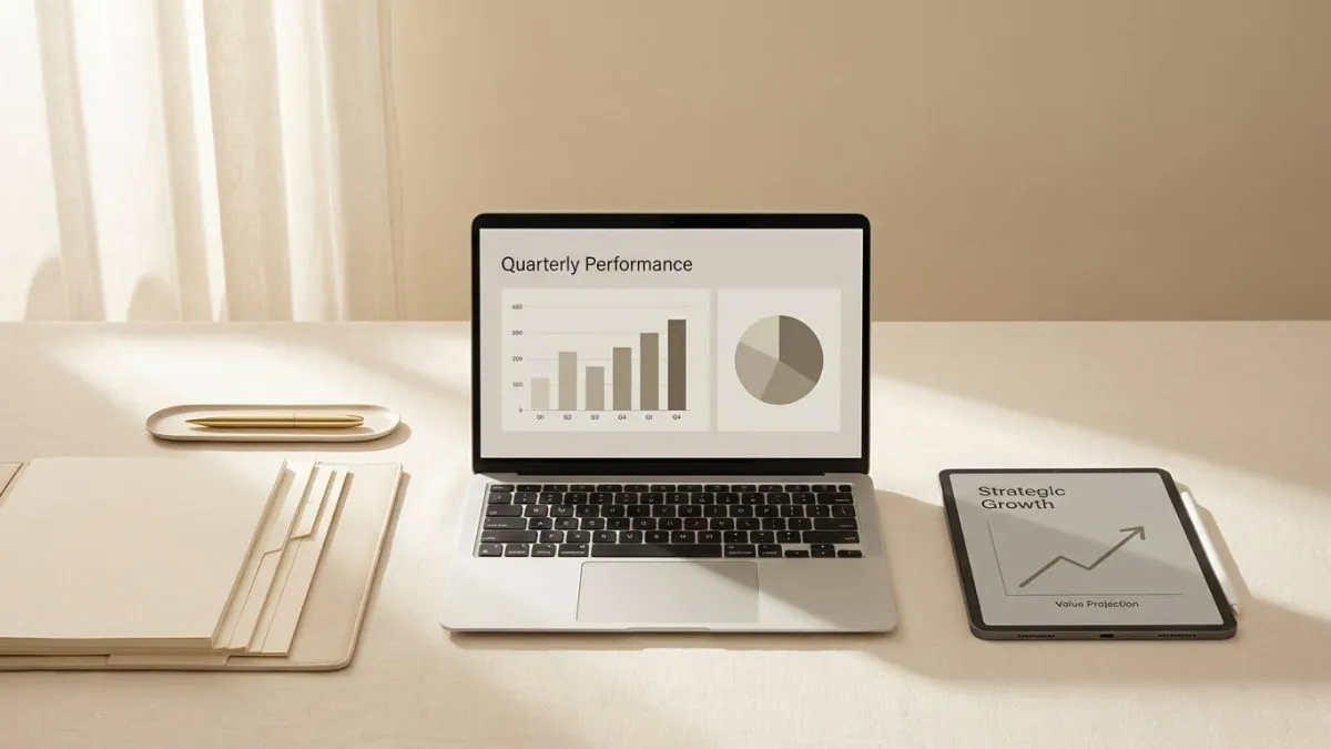 Minimalist luxury workspace with a laptop, organized documents, and soft natural lighting representing virtual assistant pricing and business value.