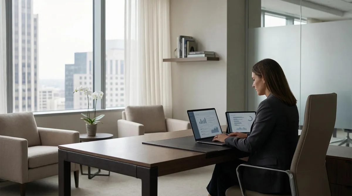 Executive assistant reviewing a secure CRM dashboard in a modern, private office designed for high-level executive support.