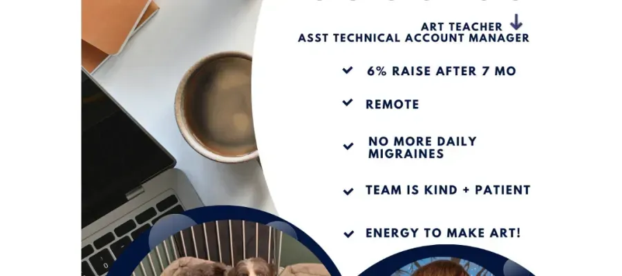 "Exciting career shift! From Band Director to Project Coordinator with perks like salary match, unlimited PTO, bonuses, and a clear path for promotion. Guided by Katie Travis Consulting, a true career pivot success!"