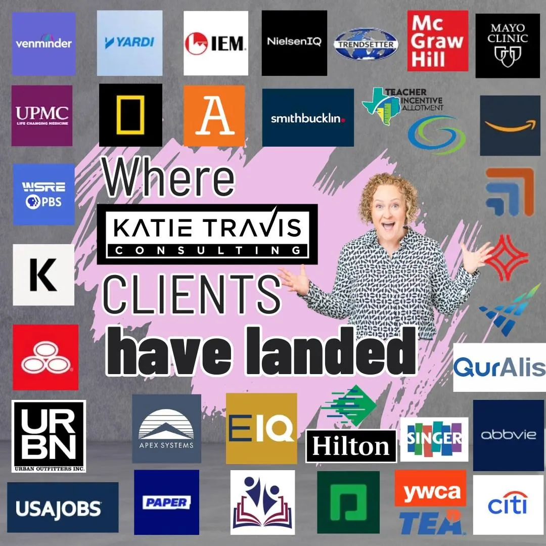 "Collage showcasing logos of top organizations where Katie Travis Consulting clients have secured opportunities, emphasizing career success across industries like healthcare, education, finance, and technology."