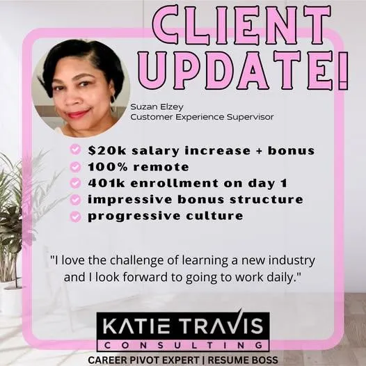 Graphic with a headshot of Suzan Elzey, Customer Experience Supervisor, featuring text about a $20k salary increase, remote work, 401k from day one, a bonus structure, progressive culture, and a quote about embracing new industry challenges.