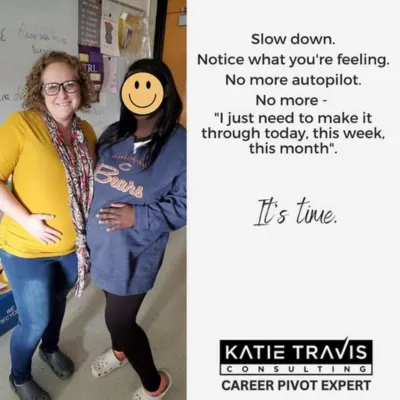 A tired teacher sitting at a desk, head resting on one hand, calendar in the background marked with countdown dates. Beside her, a brighter version of herself walks confidently into a new office environment, smiling and holding a resume. Overlay text: “You don’t have to live for the weekend. There is a better way.”