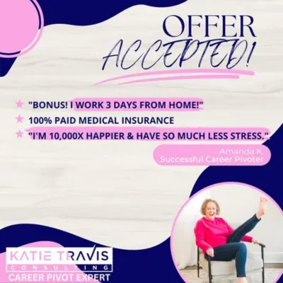 A confident woman smiling in business attire, sitting at a desk with a laptop and coffee, with a text overlay that reads: “From Burnout to Breakthrough – 10+ Interviews in 2 Weeks After Leaving Teaching.” The background is bright and modern, symbolizing a fresh start.