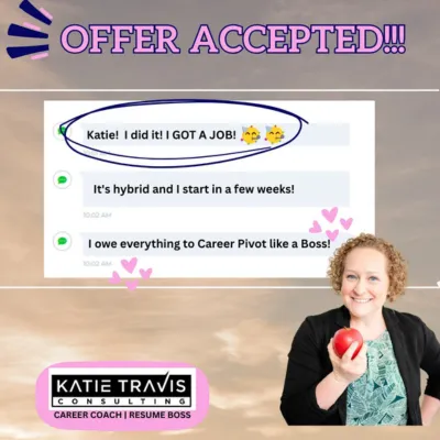 "Excited woman celebrating a job offer while checking email on a laptop. Text overlay reads: 'Another client accepted an OFFER! Career pivots are possible — no extra degree needed. Let's get you hired!' Bright, motivational colors."