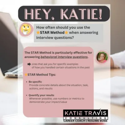 A confident job candidate smiling during an interview, with overlay text that reads: 'Nail Your Interview with the STAR Method – Situation, Task, Action, Result'. Background includes a modern office setting with a hiring manager taking notes."