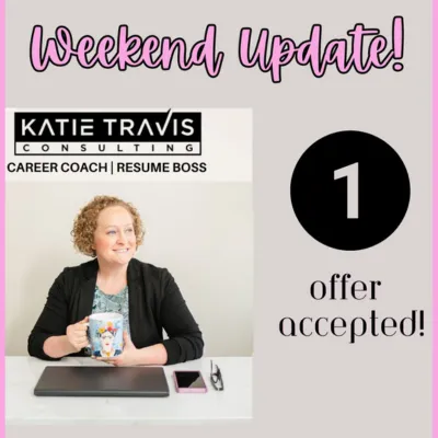 "A confident professional smiling while checking interview invites on a laptop. A modern resume and LinkedIn profile are displayed on the screen. Text overlay reads: '10+ Interviews in 3 Weeks – New Resume, New Role!' with celebratory graphics and a clean, career-focused background."