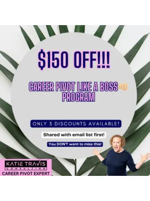 A confident woman sits at her laptop, smiling with excitement as she reads a “You’re Hired!” email. A calendar beside her is marked with interview dates. Bold overlay text reads: “10 Interviews in 2 Weeks – You Could Be Next!” Below, smaller text says: “Join the CPB Program. Only 3 spots with $150 OFF. Sign up at KatieTravisConsulting.com” The background features soft neutrals with a hint of gold to convey professionalism and success.       