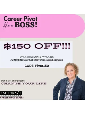 A tired woman sitting at her desk with her head resting on folded arms, surrounded by office clutter and a glowing computer screen. A second faded image overlay shows the same woman smiling confidently in casual clothes, standing outside in daylight, representing a hopeful career transition. The text overlay reads: “You don’t have to go back. Pivot into a role you love.” Bold fonts emphasize key words: Tired. Dreading. Ready to Pivot.