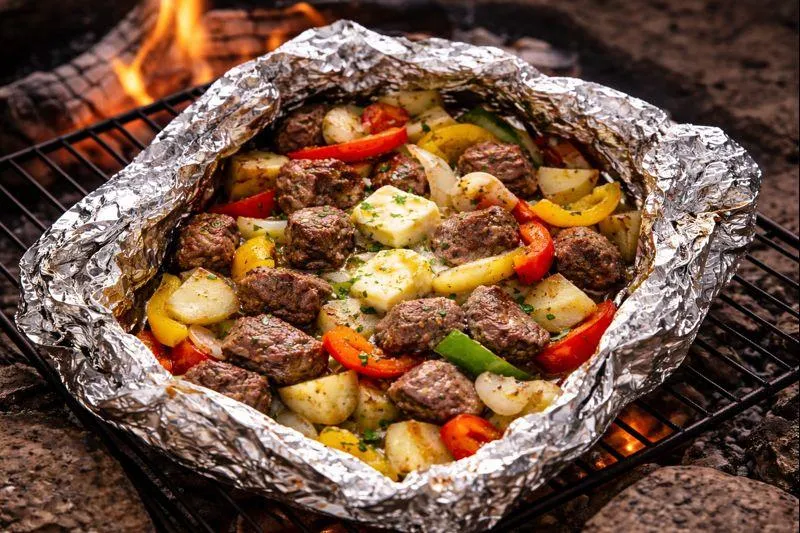 Foil packet steak, potatoes, peppers, and onions cooking on a campfire grill