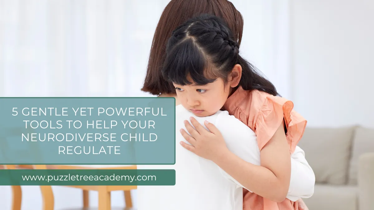 A parent gently co-regulates with their neurodiverse child through breath and calm presence. Visual representation of Puzzle Tree Academy’s guide to emotional regulation and connection for families raising children with Autism, ADHD, or PDA.