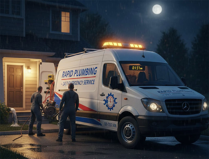 Plumbers responding to an emergency job at night