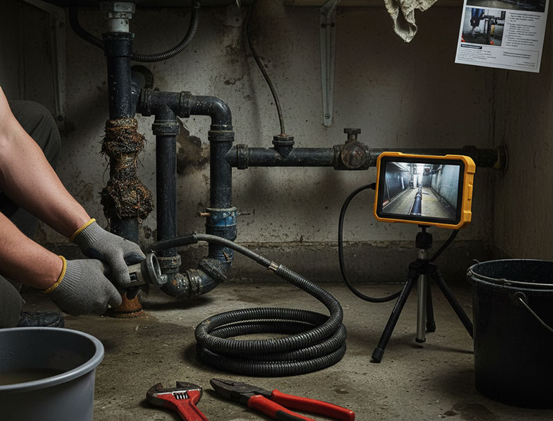 Plumber checking pipes