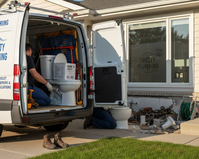Plumber in van with toilet
