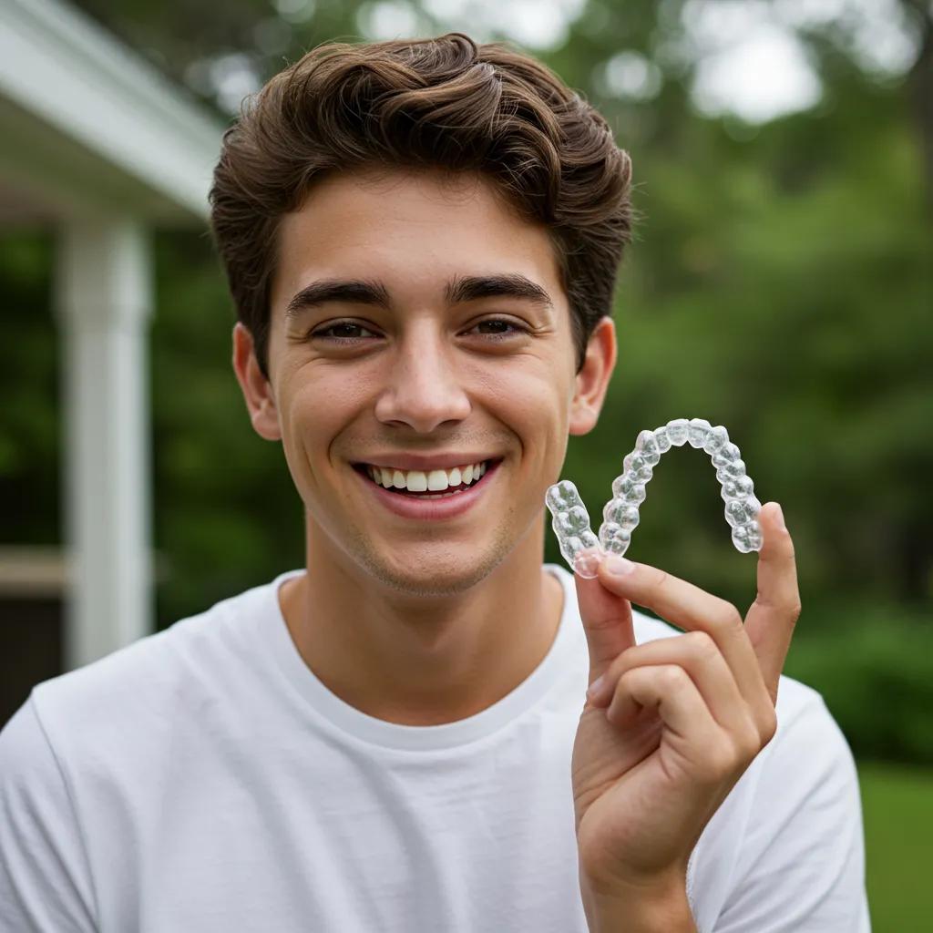 man holding up invisalign while smiling