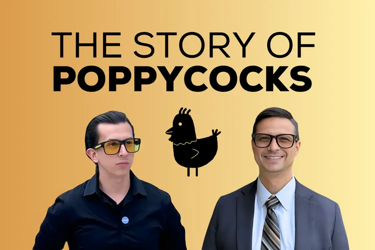 shankar poncelet and justin paul among a golden background with font and justin's nft chicken art