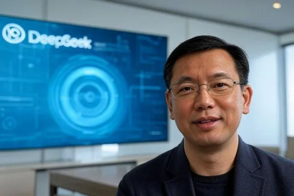 A Chinese man stands in front of a poster with DeepSeek