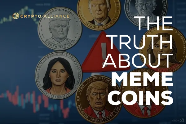 A collage of prominent meme coins with a red warning triangle in the middle