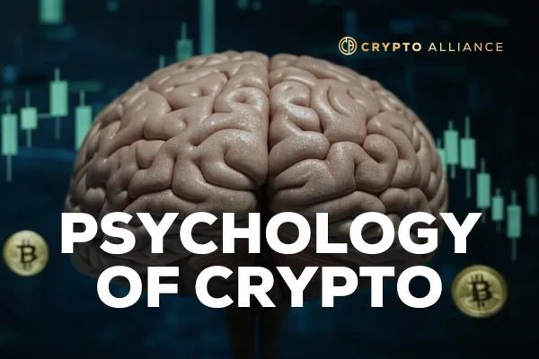 A human brain with candlestick charts and Bitcoin symbols