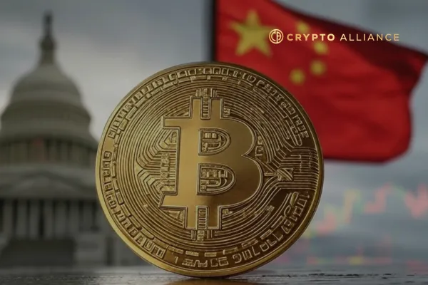 A split-image featuring a Bitcoin coin at the center, with the U.S. Capitol and China’s flag on opposite sides