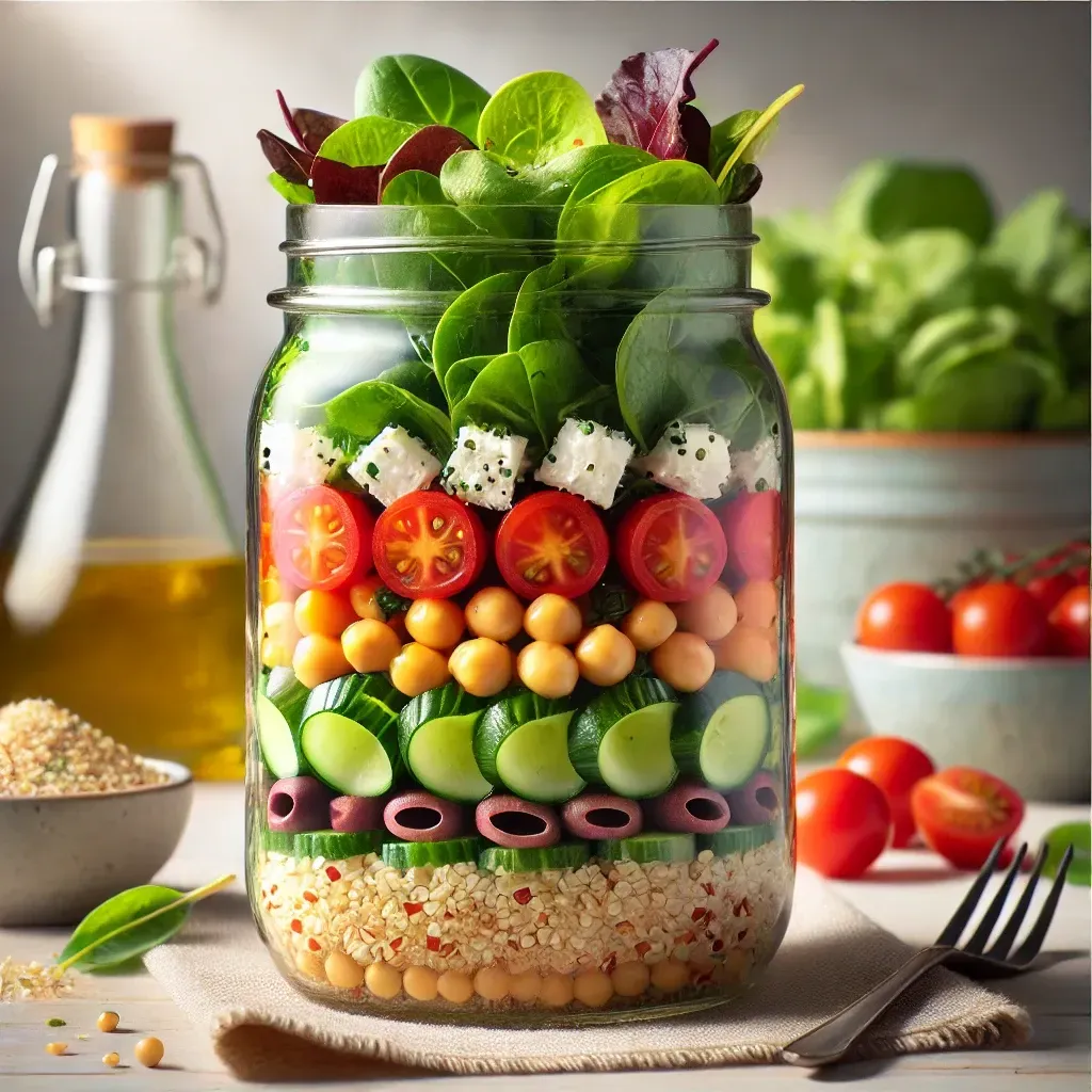 Colorful mason jar layered with fresh Mediterranean ingredients for a healthy, on-the-go meal.
