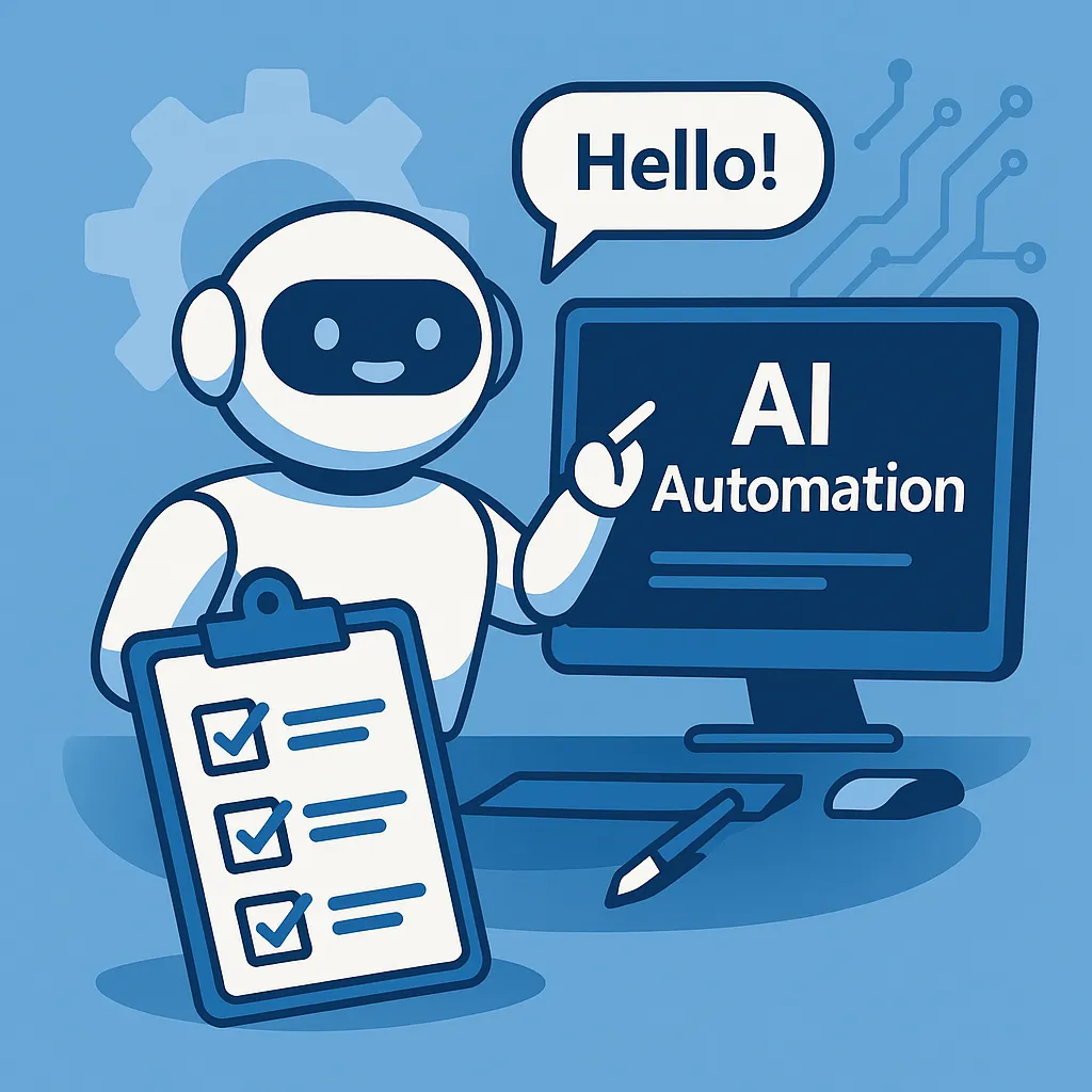 Chatbot auf einem Bildschirm mit Symbolen für Automatisierung, KI und Kommunikation in modernem Flat-Design