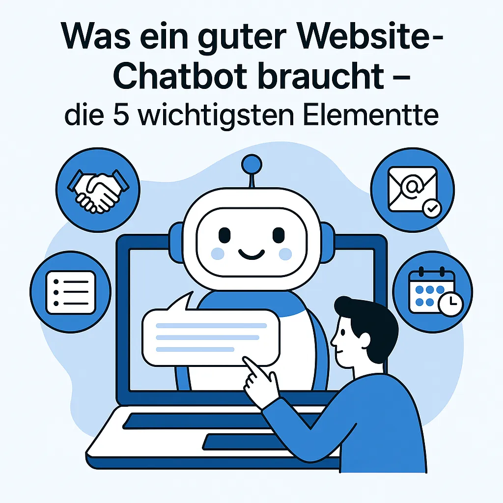 Illustration eines Chatbots auf einem Laptop, mit Symbolen für Struktur, FAQs, Lead-Erfassung und Nutzerinteraktion im modernen Flat-Design